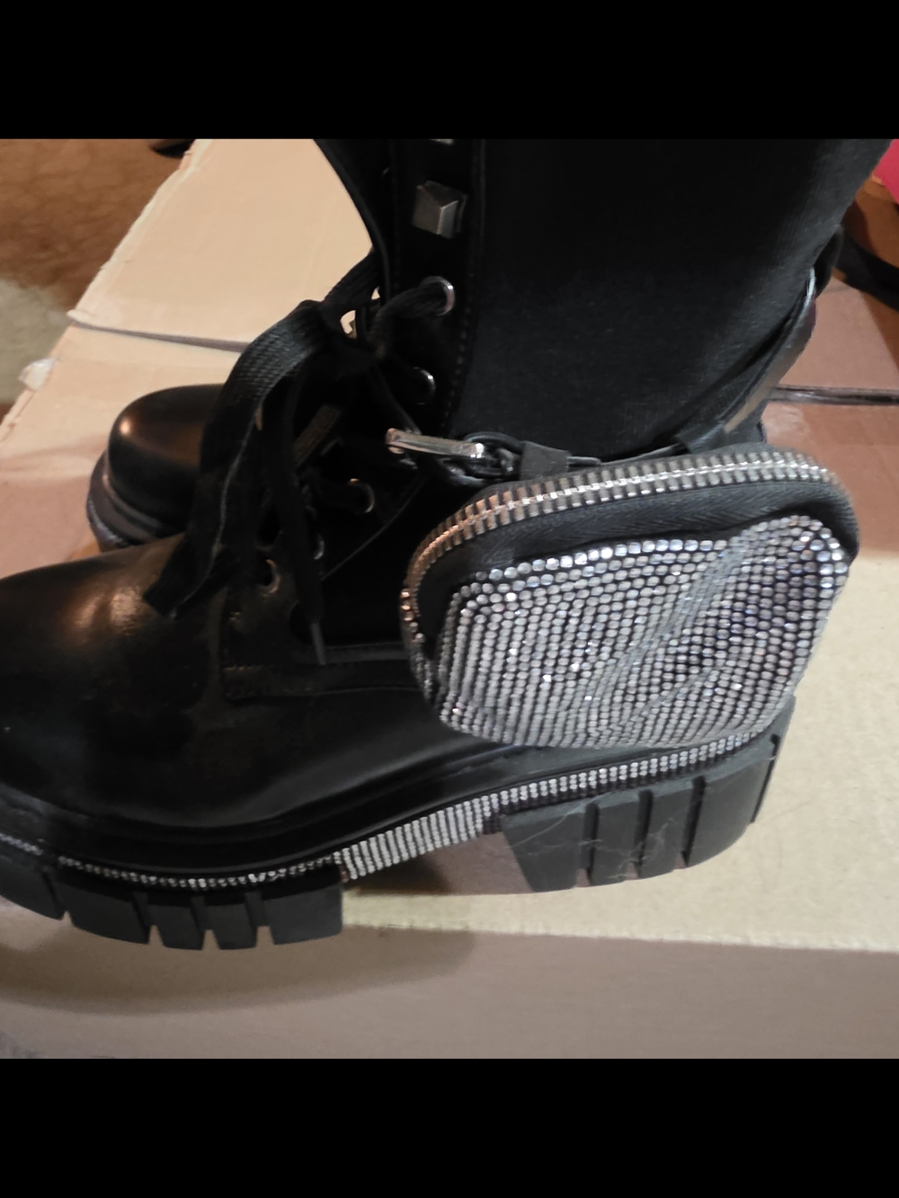 Black Platform Combat Boots with Rhinestone Pouch